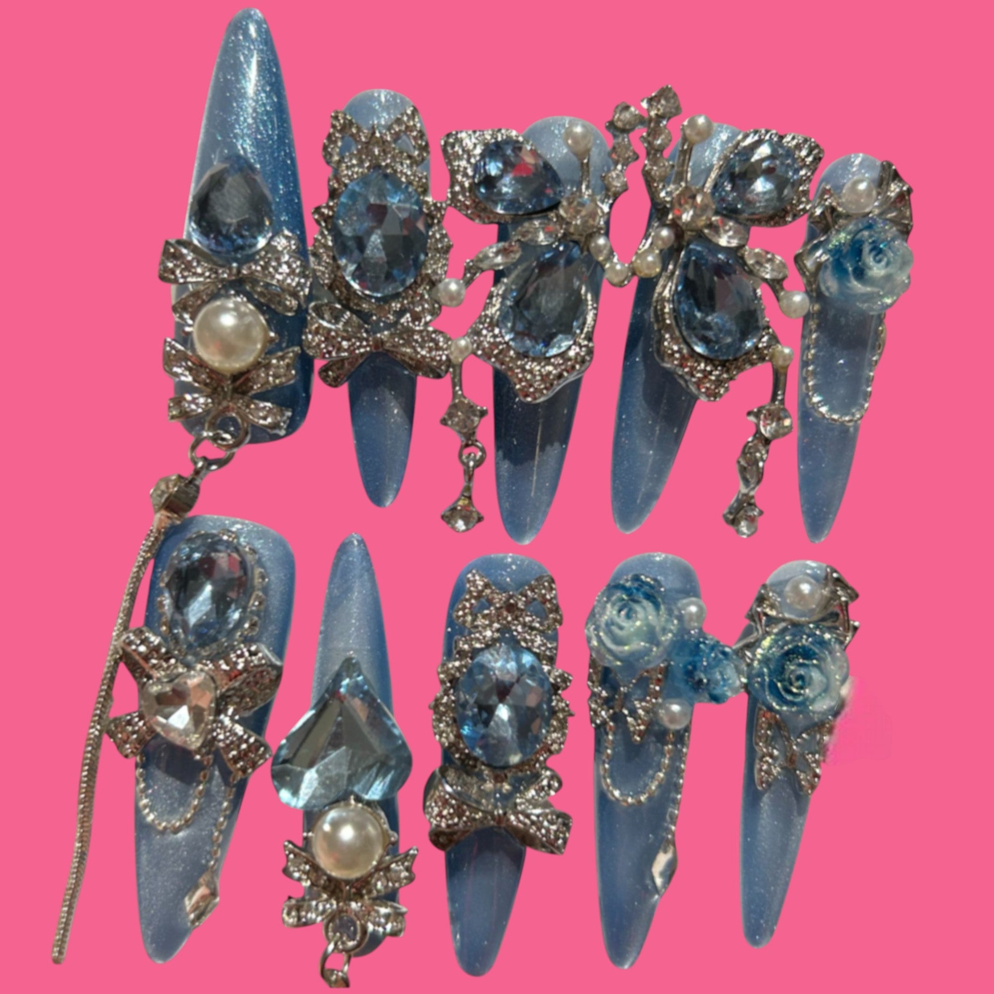 Luxury Icy Blue Crystal 3D Press-On Nails
