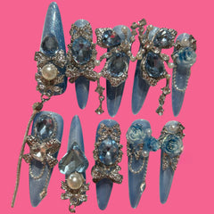Luxury Icy Blue Crystal 3D Press-On Nails