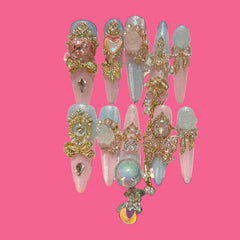 Fairy Glimmer Press-On Nails – Pink & Blue Gradient with Crystals, Pearls & 3D Charms | NailiPress