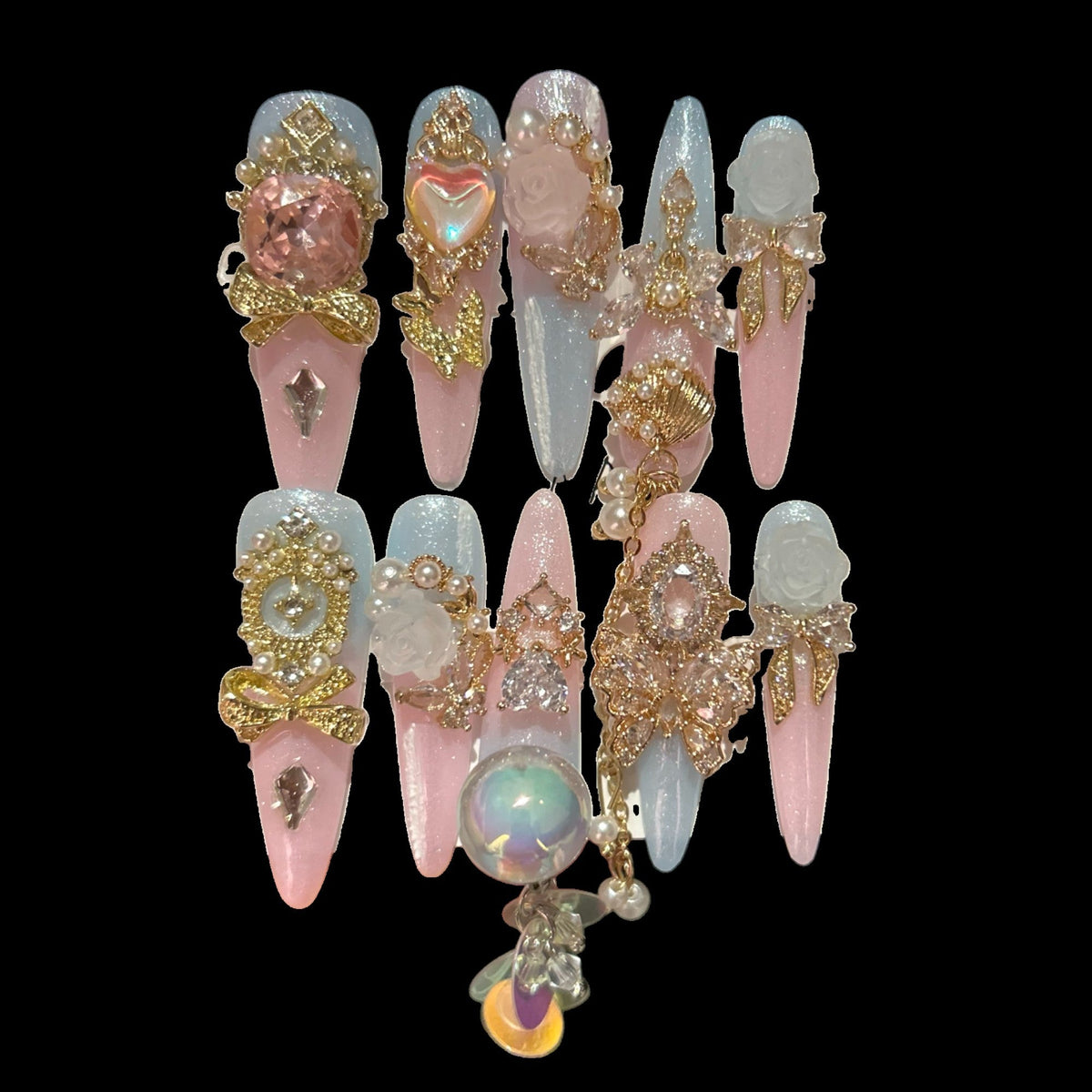 Fairy Glimmer Press-On Nails – Pink & Blue Gradient with Crystals, Pearls & 3D Charms | NailiPress 1.18-inch