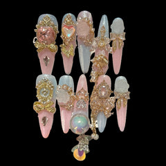 Fairy Glimmer Press-On Nails – Pink & Blue Gradient with Crystals, Pearls & 3D Charms | NailiPress 1.18-inch