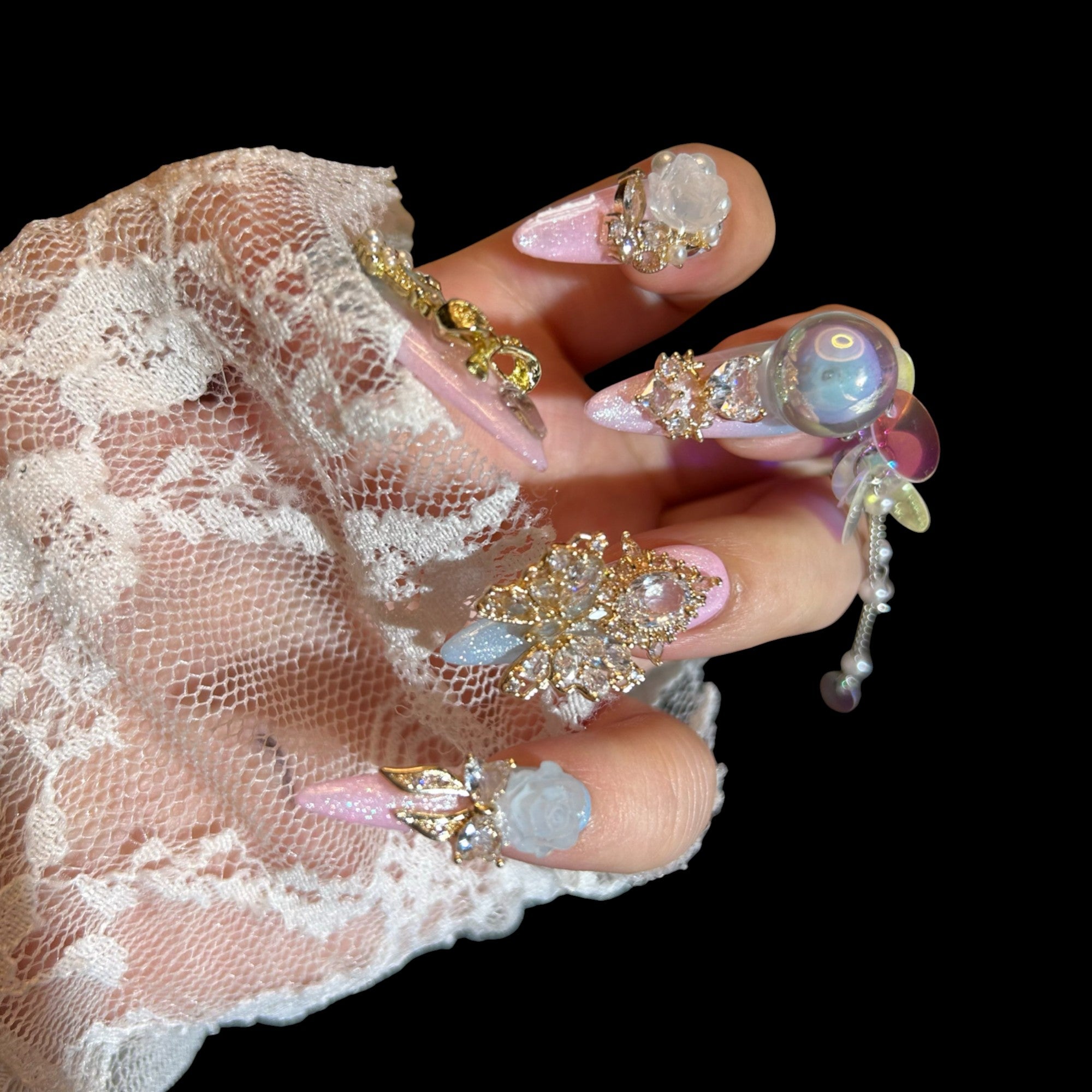 Fairy Glimmer Press-On Nails – Pink & Blue Gradient with Crystals, Pearls & 3D Charms | NailiPress