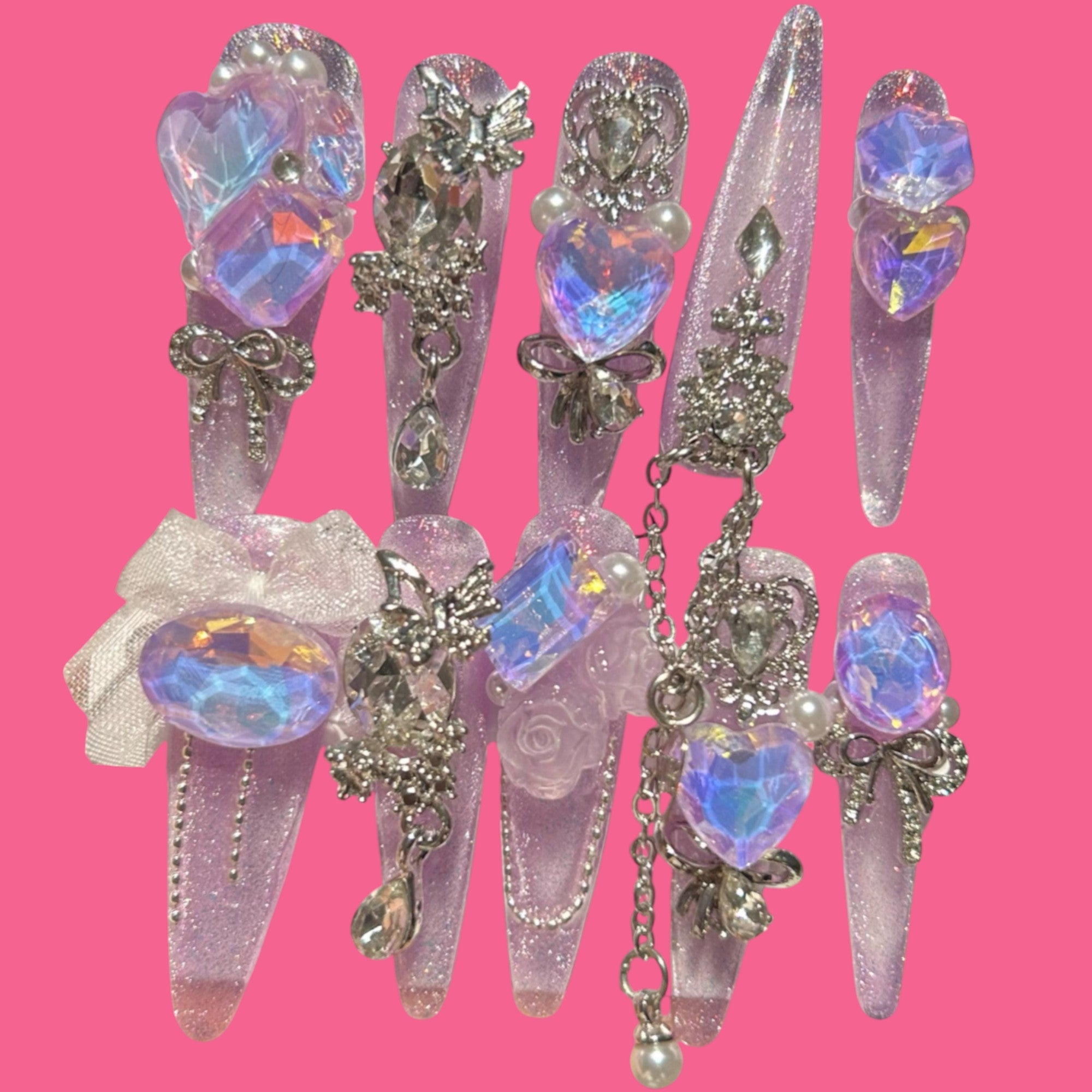 Iridescent Kawaii Heart Press-On Nails 1.18 inches