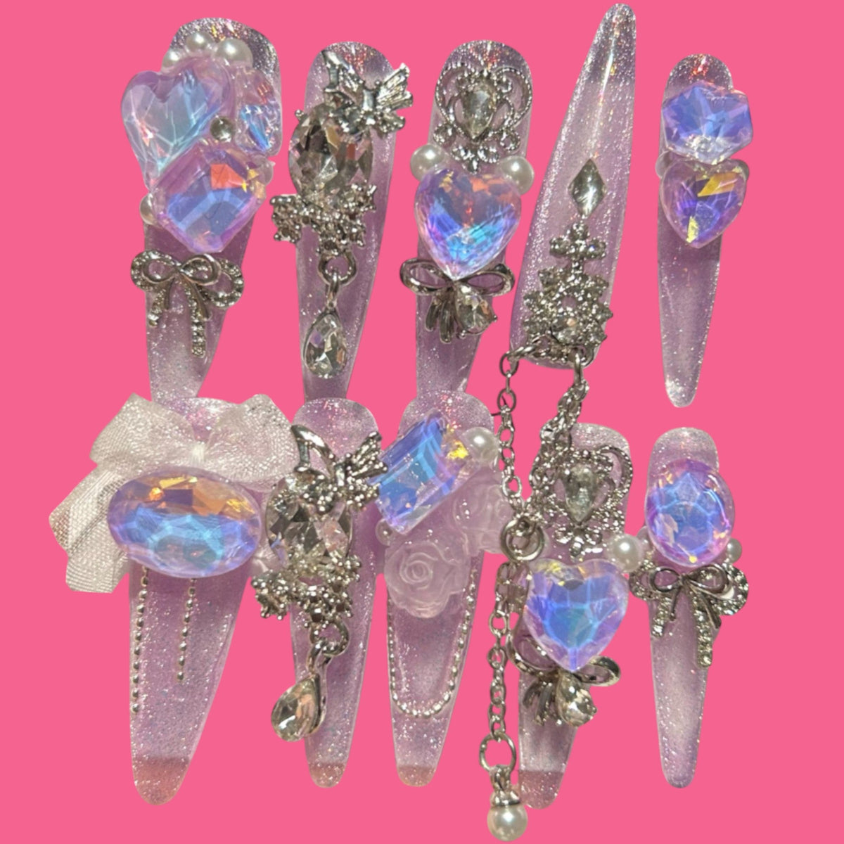 Iridescent Kawaii Heart Press-On Nails 1.18 inches