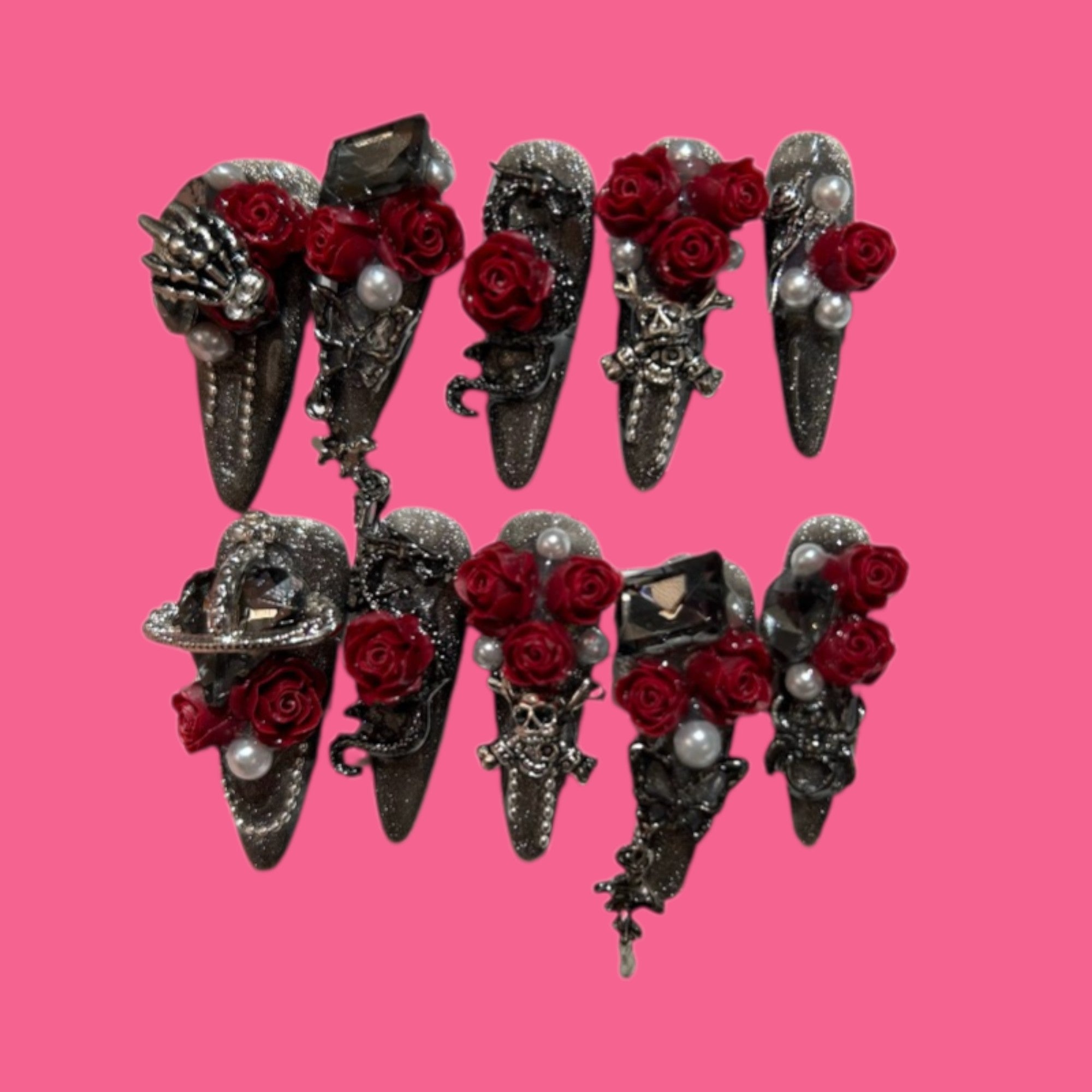 Black Stiletto Press-On Nails with Red Roses & Pearls | NailiPress