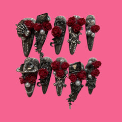 Black Stiletto Press-On Nails with Red Roses & Pearls | NailiPress