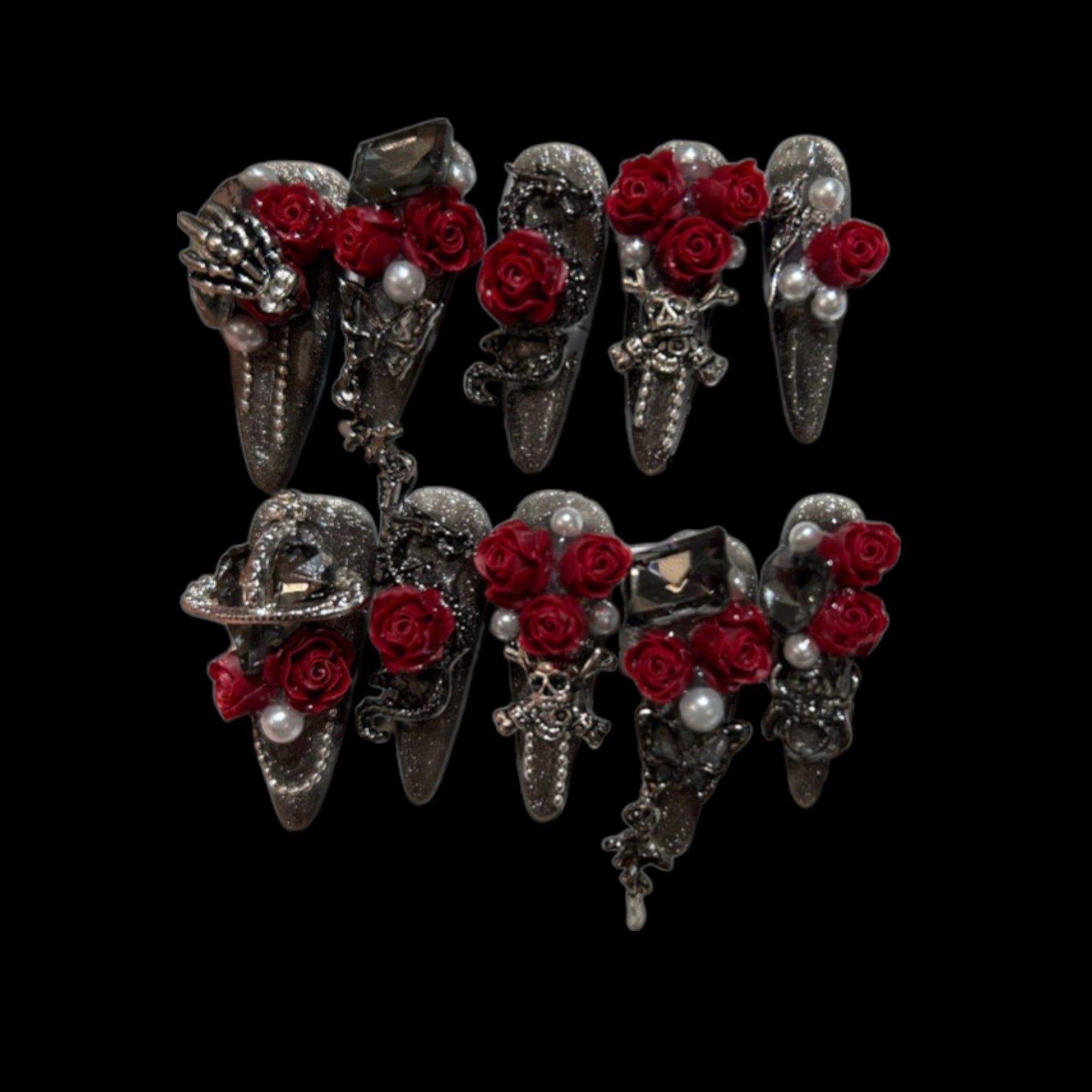 Black Stiletto Press-On Nails with Red Roses & Pearls | NailiPress 1.57-inch