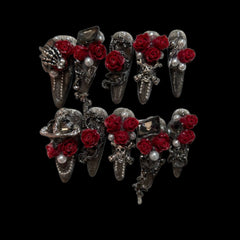 Black Stiletto Press-On Nails with Red Roses & Pearls | NailiPress 1.57-inch