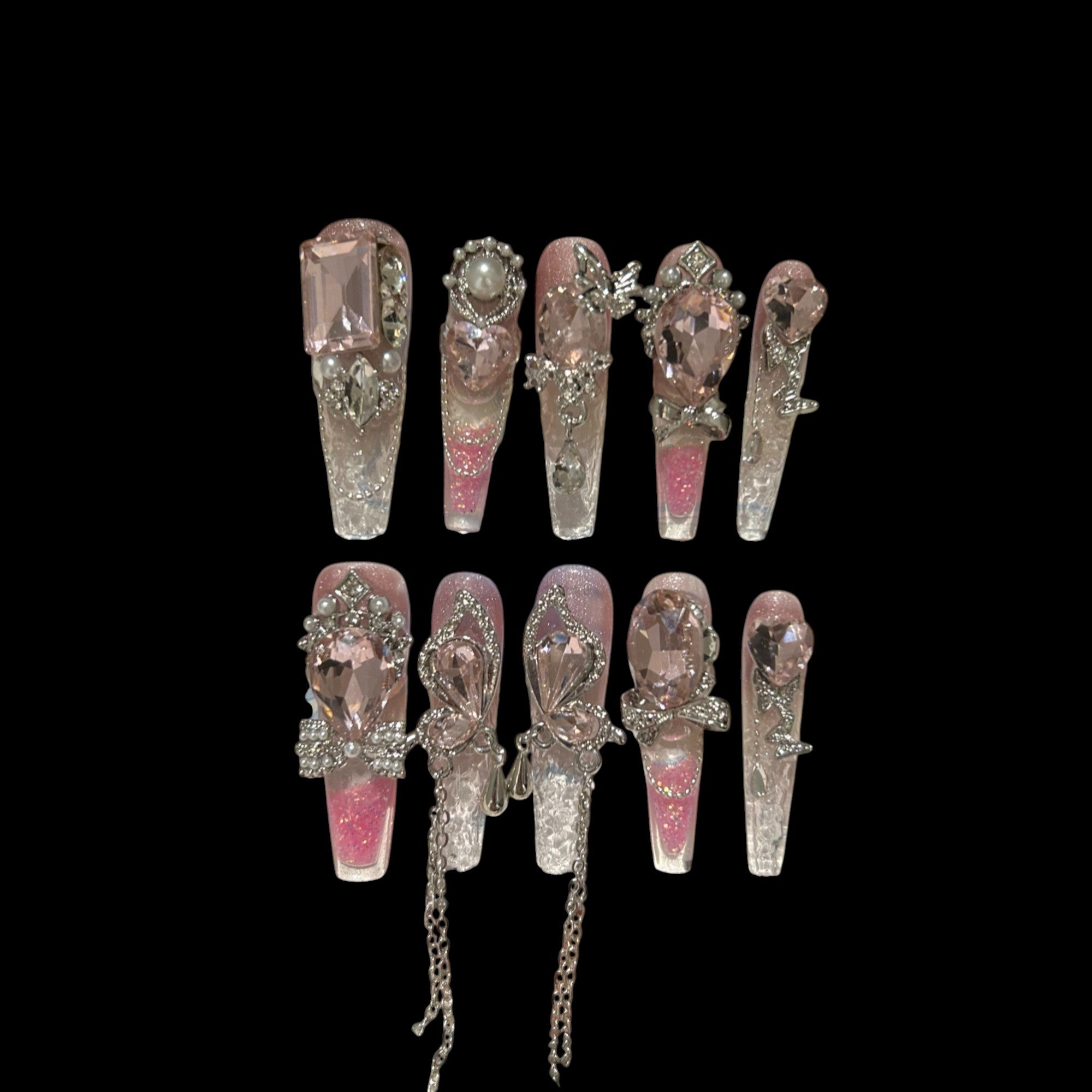 Princess Glimmer – Pink Gradient Press-On Nails with Chains & Heart Jewels