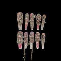 Princess Glimmer – Pink Gradient Press-On Nails with Chains & Heart Jewels