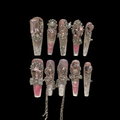 Princess Glimmer – Pink Gradient Press-On Nails with Chains & Heart Jewels