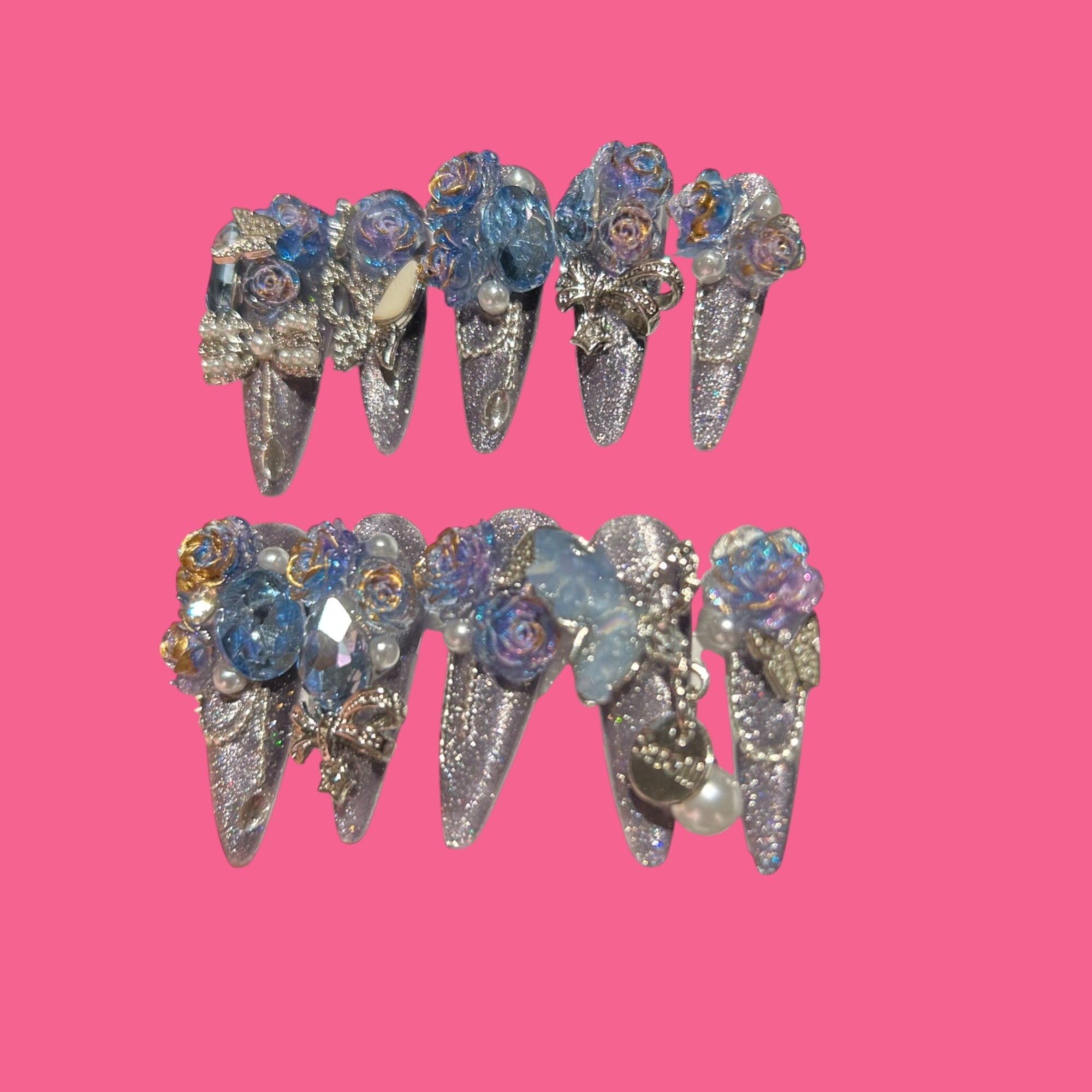 Moon Garden – Iridescent Rose Press-On Nails with Crystals & Celestial Charms