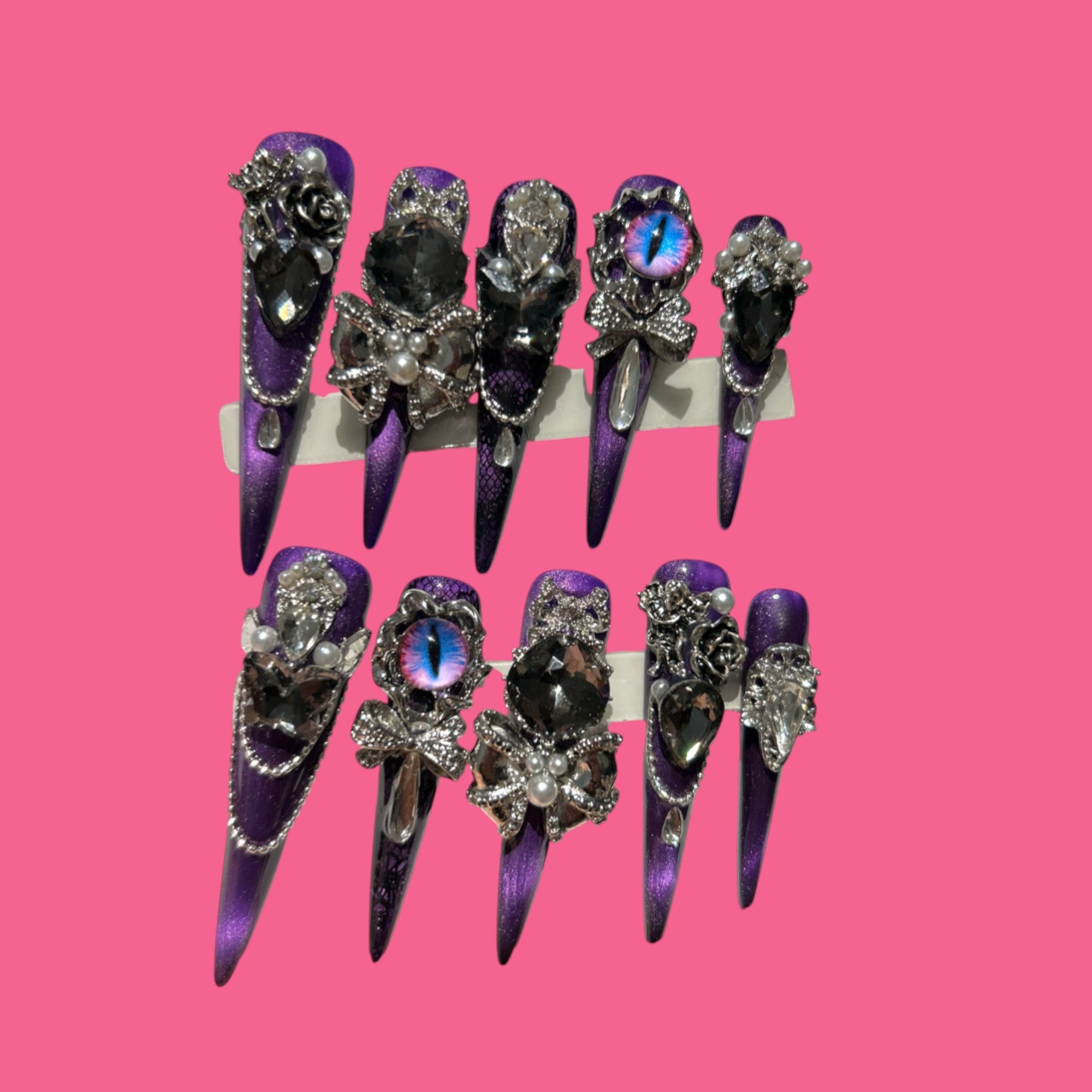 Midnight Hex – Gothic Purple Press-On Nails with Cat-Eye Jewels & Chains