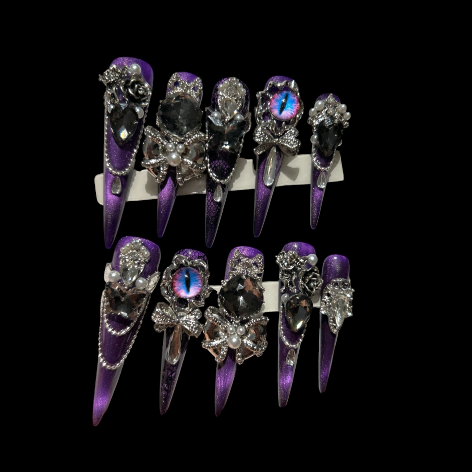 Midnight Hex – Gothic Purple Press-On Nails with Cat-Eye Jewels & Chains