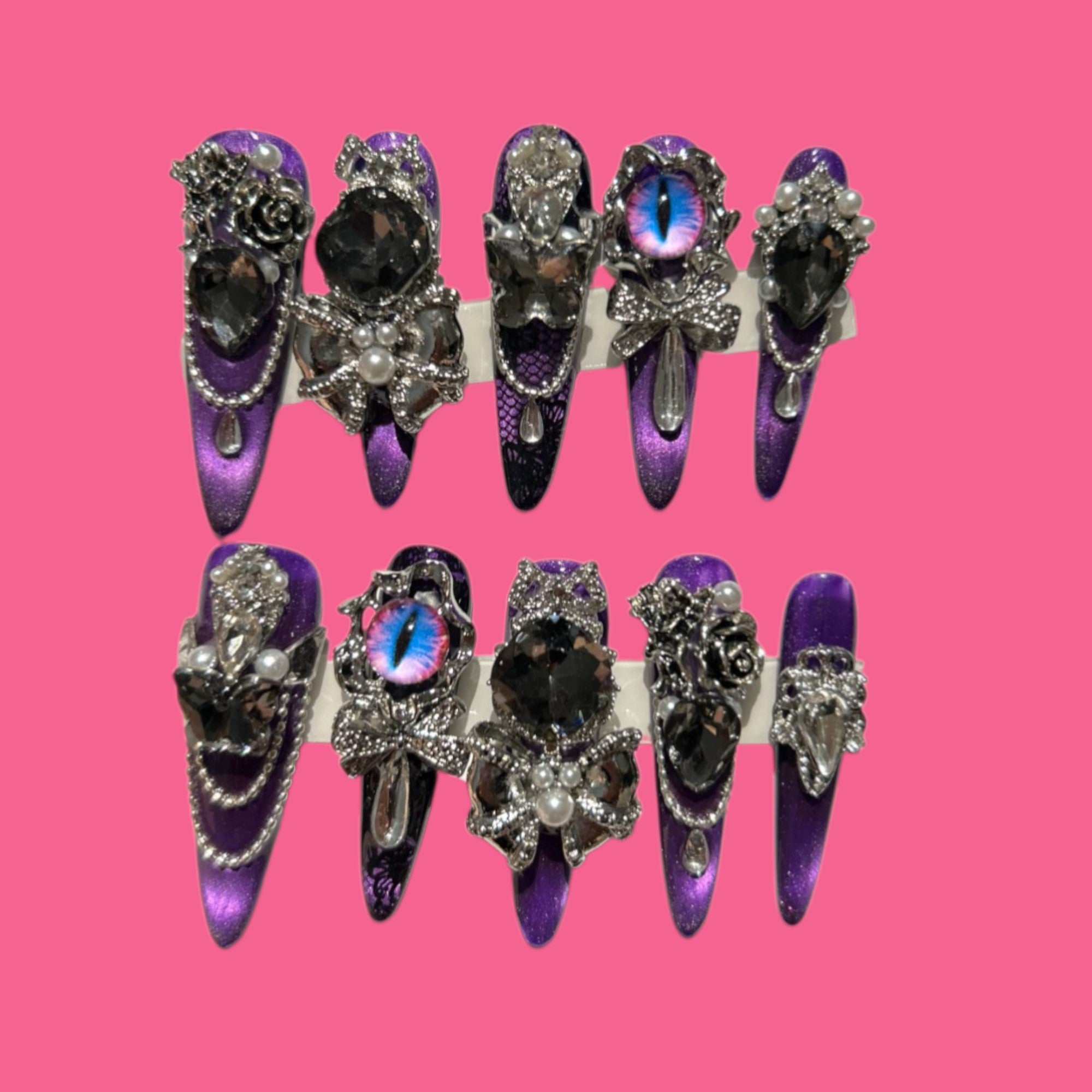 Midnight Hex – Gothic Purple Press-On Nails with Cat-Eye Jewels & Chains