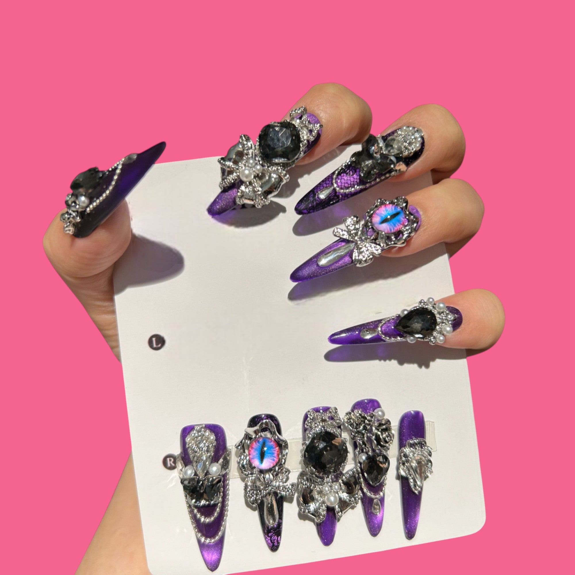 Midnight Hex – Gothic Purple Press-On Nails with Cat-Eye Jewels & Chains