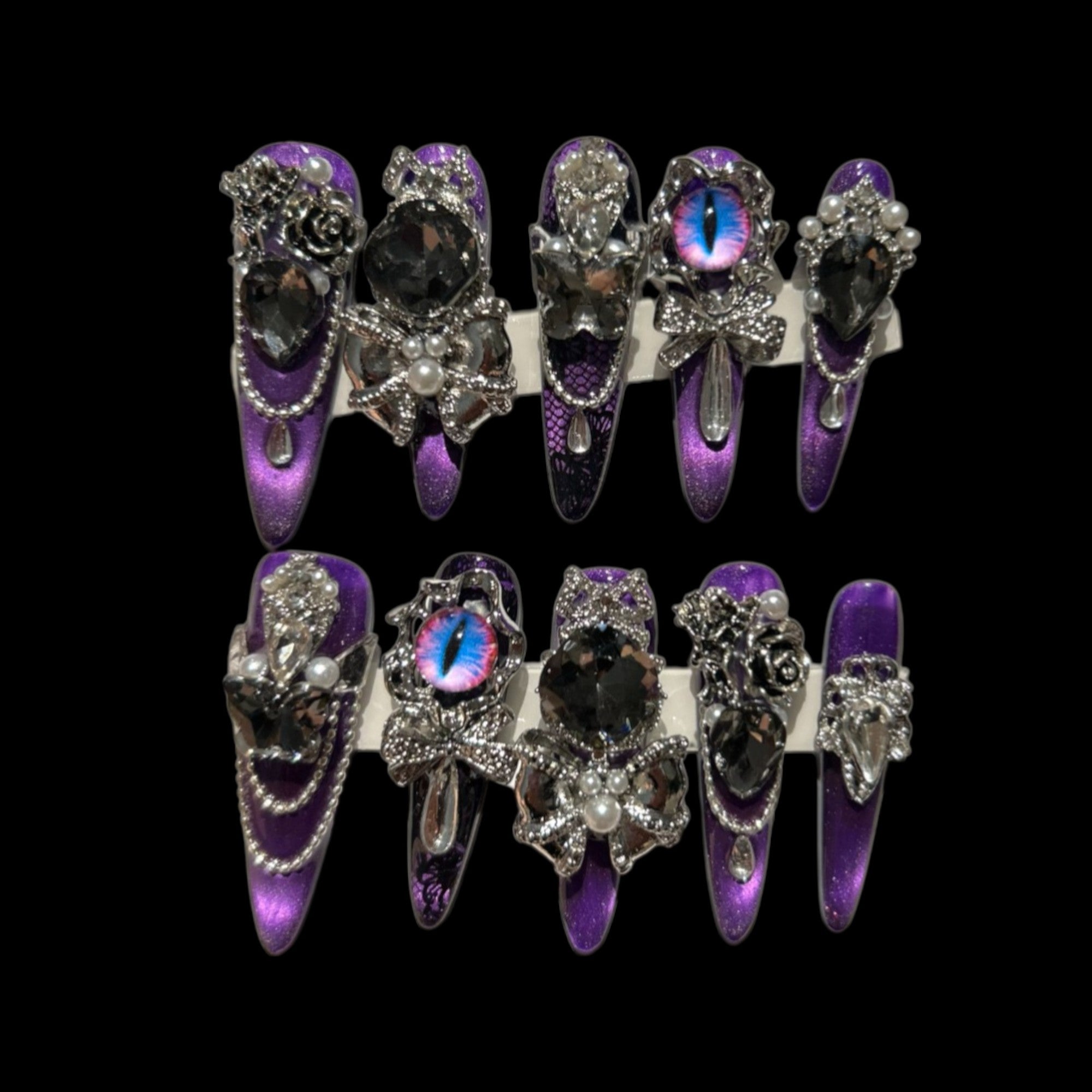 Midnight Hex – Gothic Purple Press-On Nails with Cat-Eye Jewels & Chains