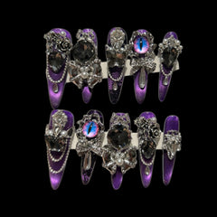 Midnight Hex – Gothic Purple Press-On Nails with Cat-Eye Jewels & Chains