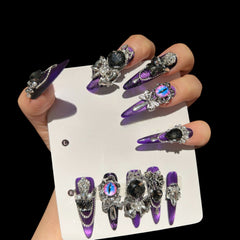 Midnight Hex – Gothic Purple Press-On Nails with Cat-Eye Jewels & Chains