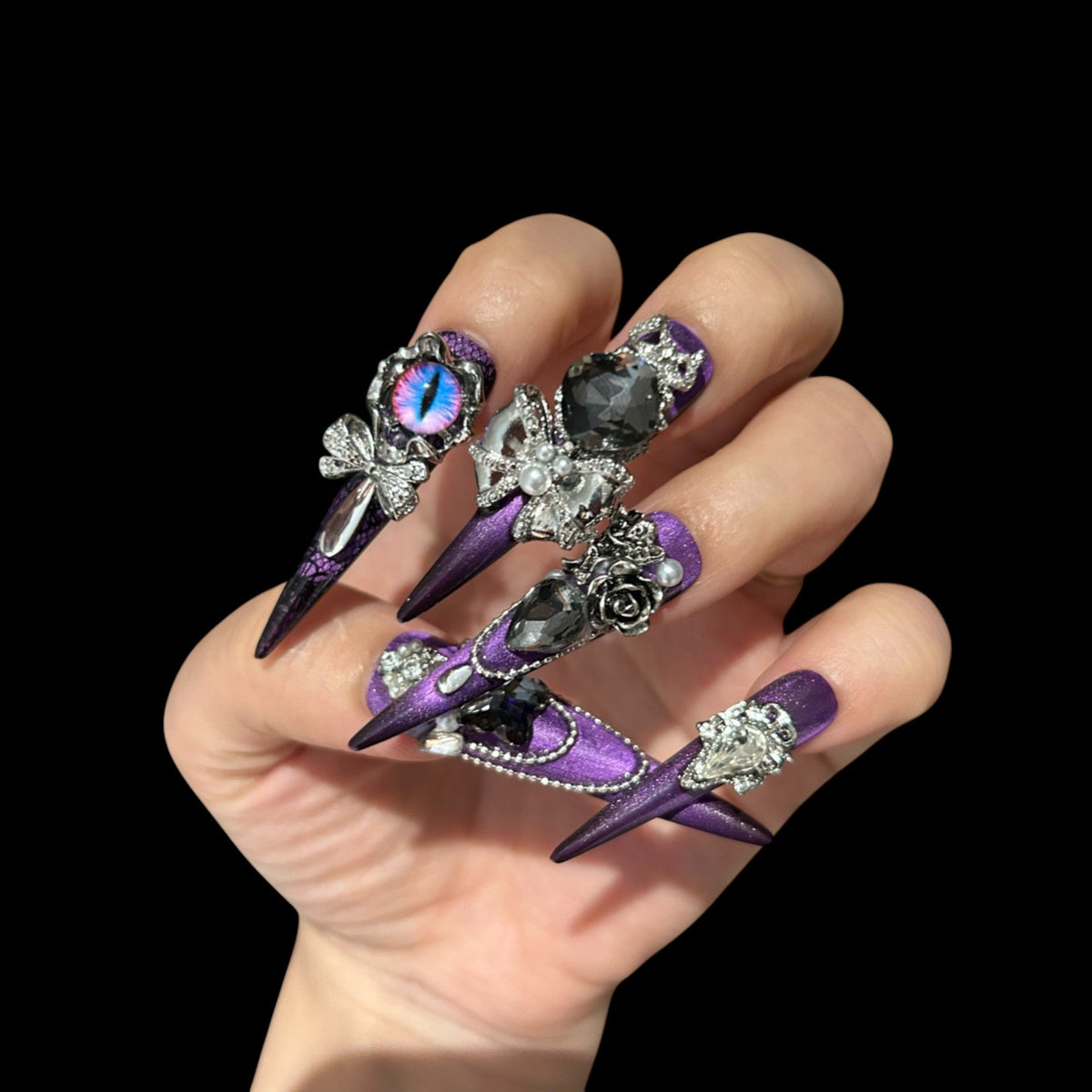 Midnight Hex – Gothic Purple Press-On Nails with Cat-Eye Jewels & Chains 1.57-inch
