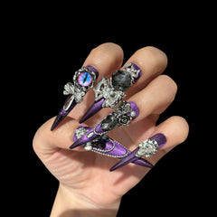Midnight Hex – Gothic Purple Press-On Nails with Cat-Eye Jewels & Chains 1.57-inch
