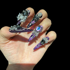 Midnight Hex – Gothic Purple Press-On Nails with Cat-Eye Jewels & Chains