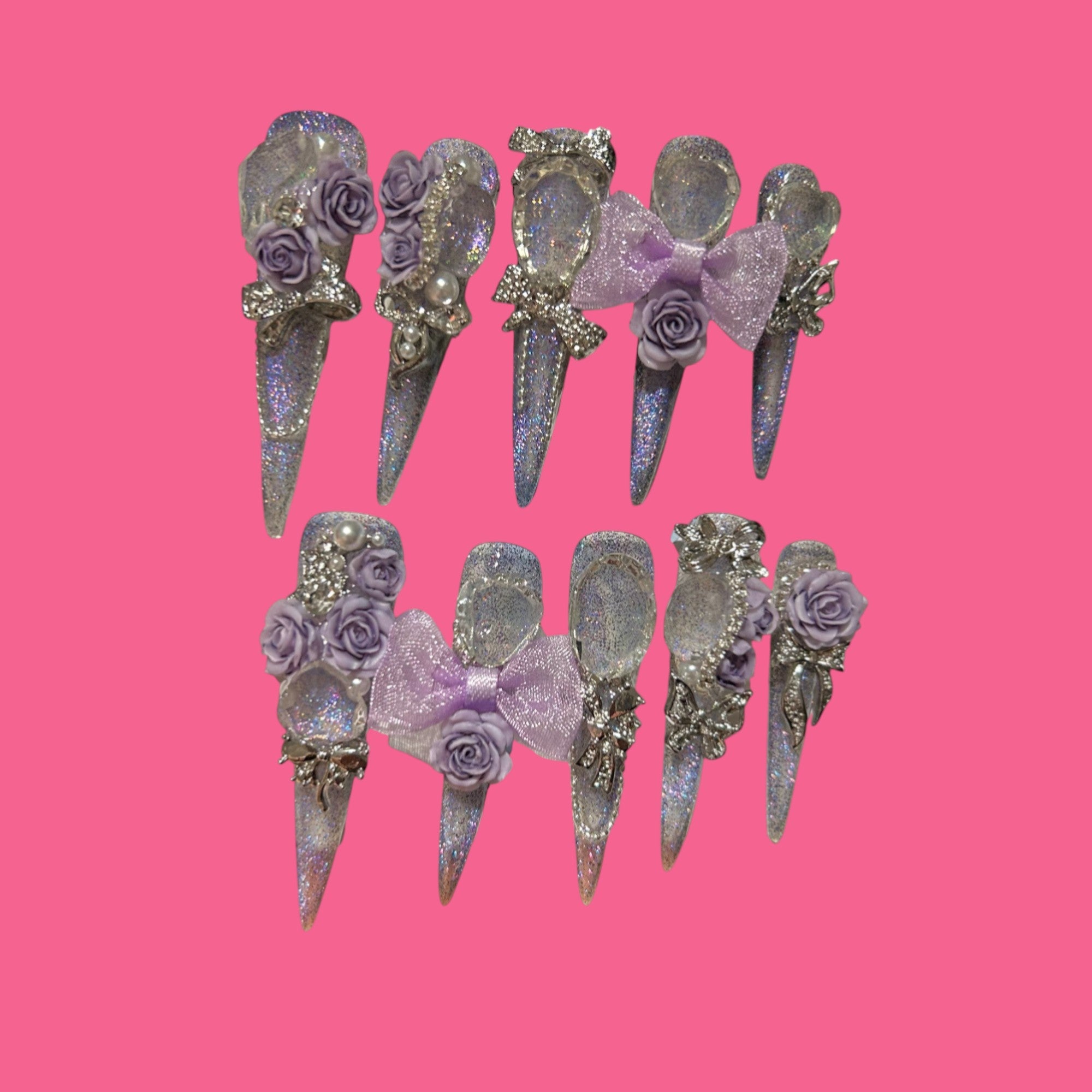 Lavender Lace – Glitter Holo Press-On Nails with 3D Roses & Bows