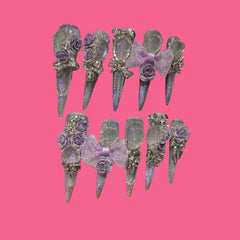 Lavender Lace – Glitter Holo Press-On Nails with 3D Roses & Bows
