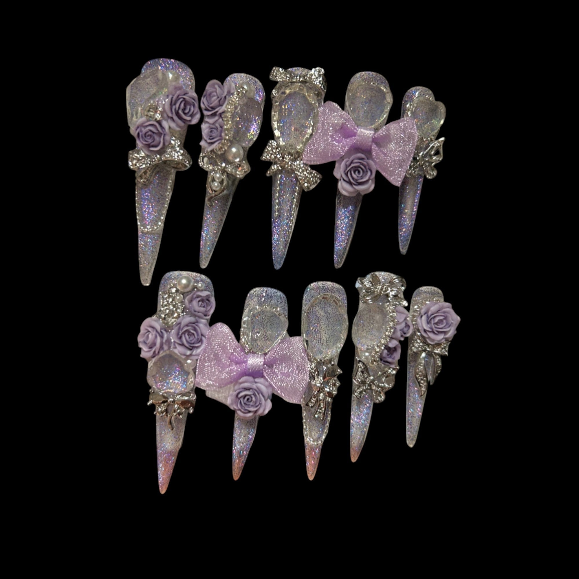 Lavender Lace – Glitter Holo Press-On Nails with 3D Roses & Bows