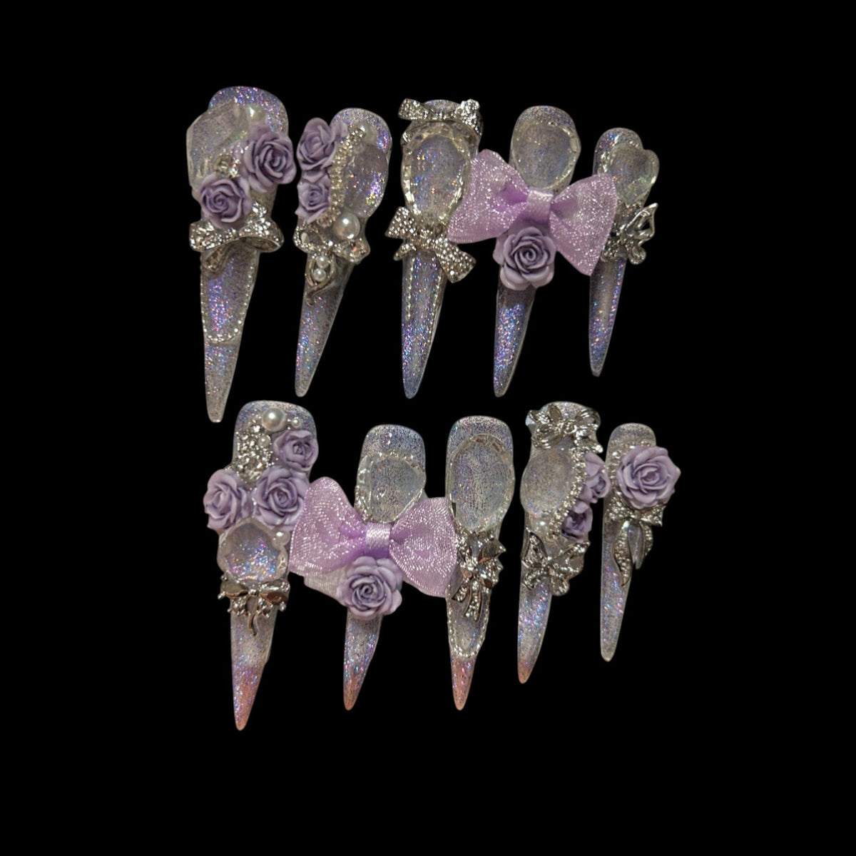 Lavender Lace – Glitter Holo Press-On Nails with 3D Roses & Bows