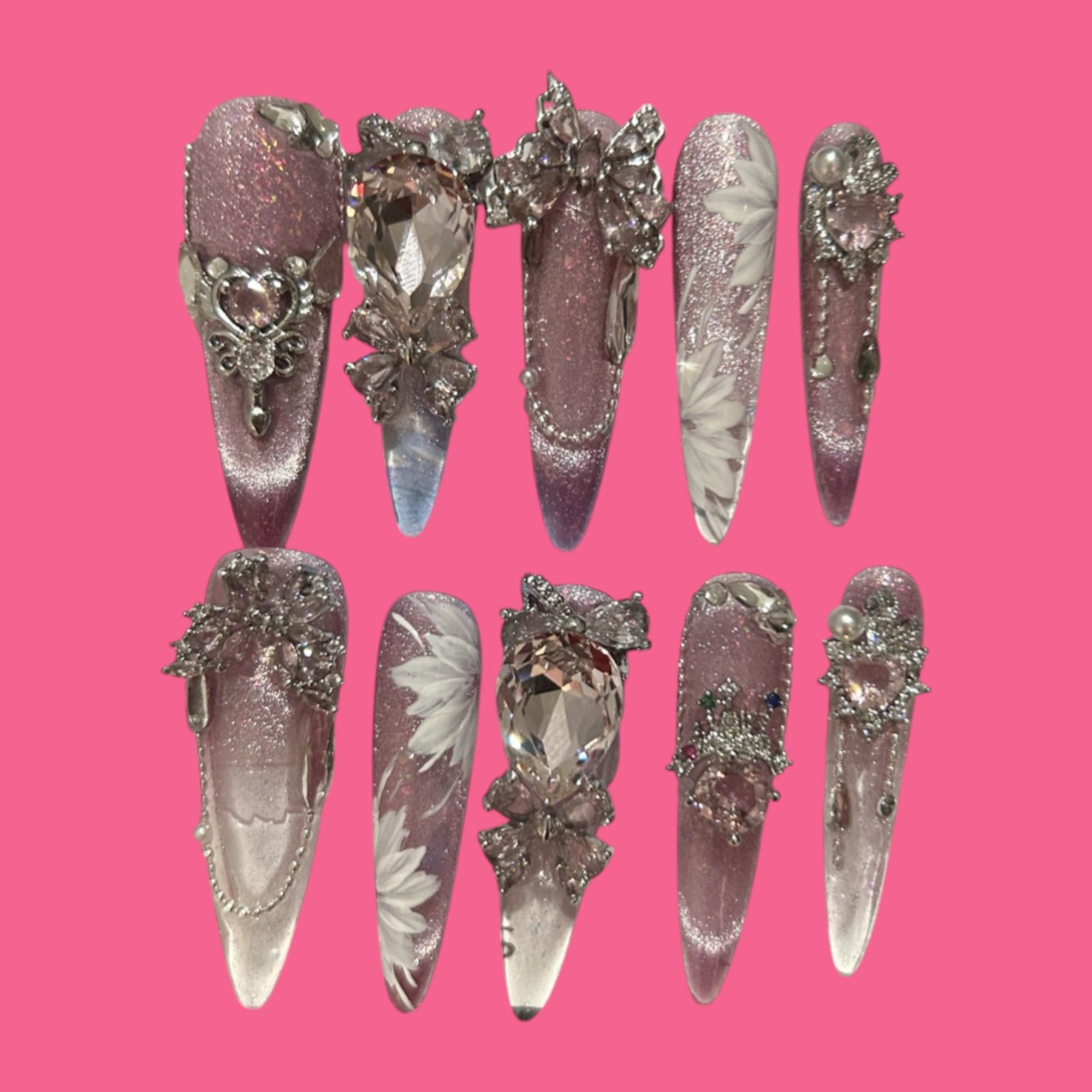 Amethyst Bloom – Press-On Nails with Crystal Charms & Hand-Painted Florals