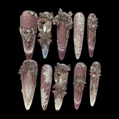 Amethyst Bloom – Press-On Nails with Crystal Charms & Hand-Painted Florals 1.18-inch