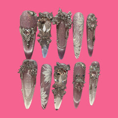 Amethyst Bloom – Press-On Nails with Crystal Charms & Hand-Painted Florals