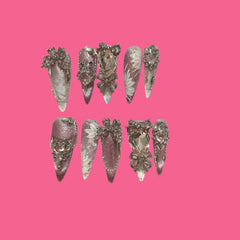 Amethyst Bloom – Press-On Nails with Crystal Charms & Hand-Painted Florals
