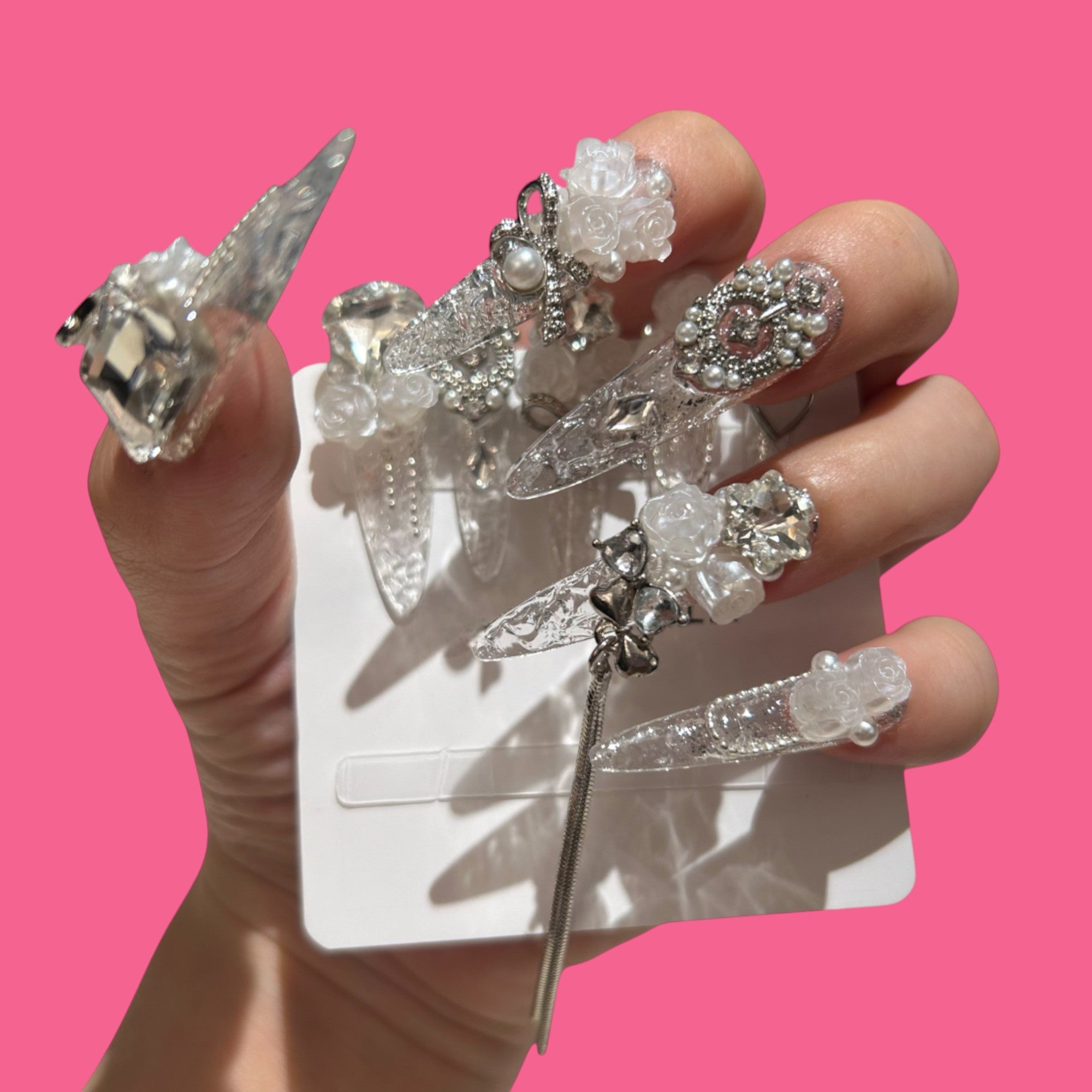 Crystal Reverie – Icy Clear Press-On Nails with Pearls, Roses & Chains