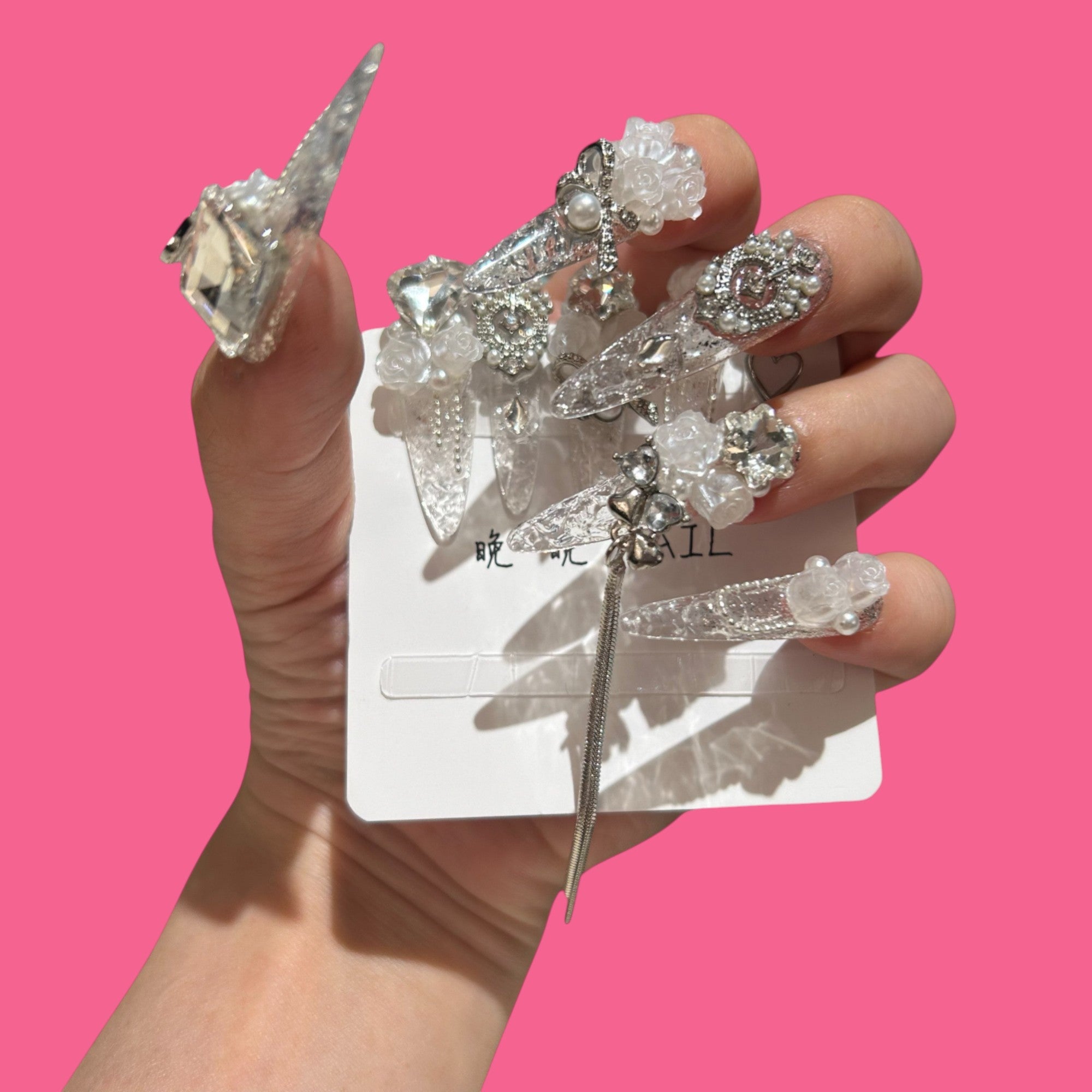 Crystal Reverie – Icy Clear Press-On Nails with Pearls, Roses & Chains