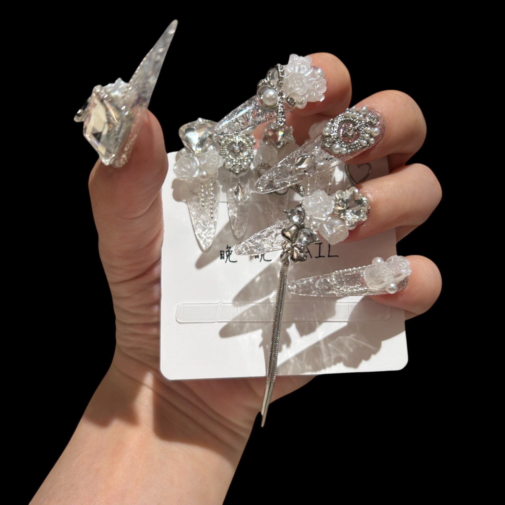 Crystal Reverie – Icy Clear Press-On Nails with Pearls, Roses & Chains
