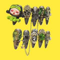 Gothic Kawaii Green Gem Press-On Nails with Charms & Chains 1.18'' | NailiPress