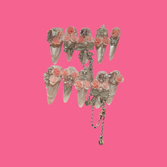 Princess Garden Press-On Nails – 3D Pink Roses, Crystals & Bows 1.18'' | NailiPress