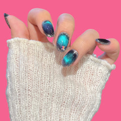 Galaxy Blue-Green Cat Eye Press-On Nails
