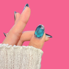 Galaxy Blue-Green Cat Eye Press-On Nails