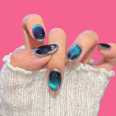 Galaxy Blue-Green Cat Eye Press-On Nails