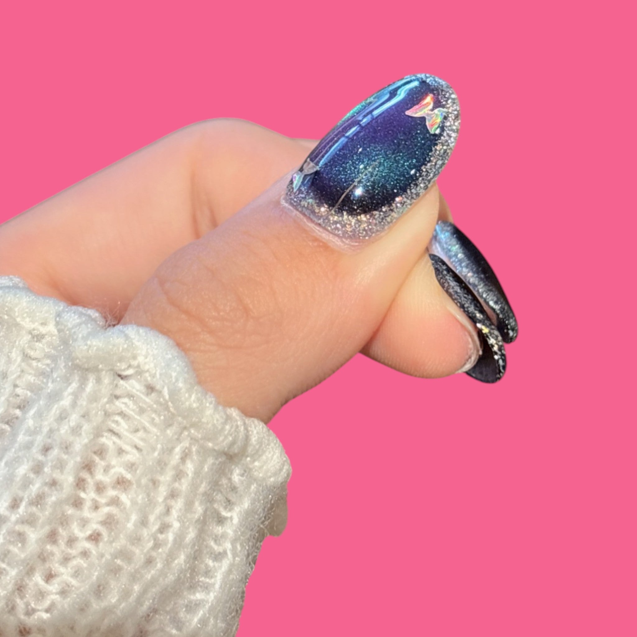 Galaxy Blue-Green Cat Eye Press-On Nails