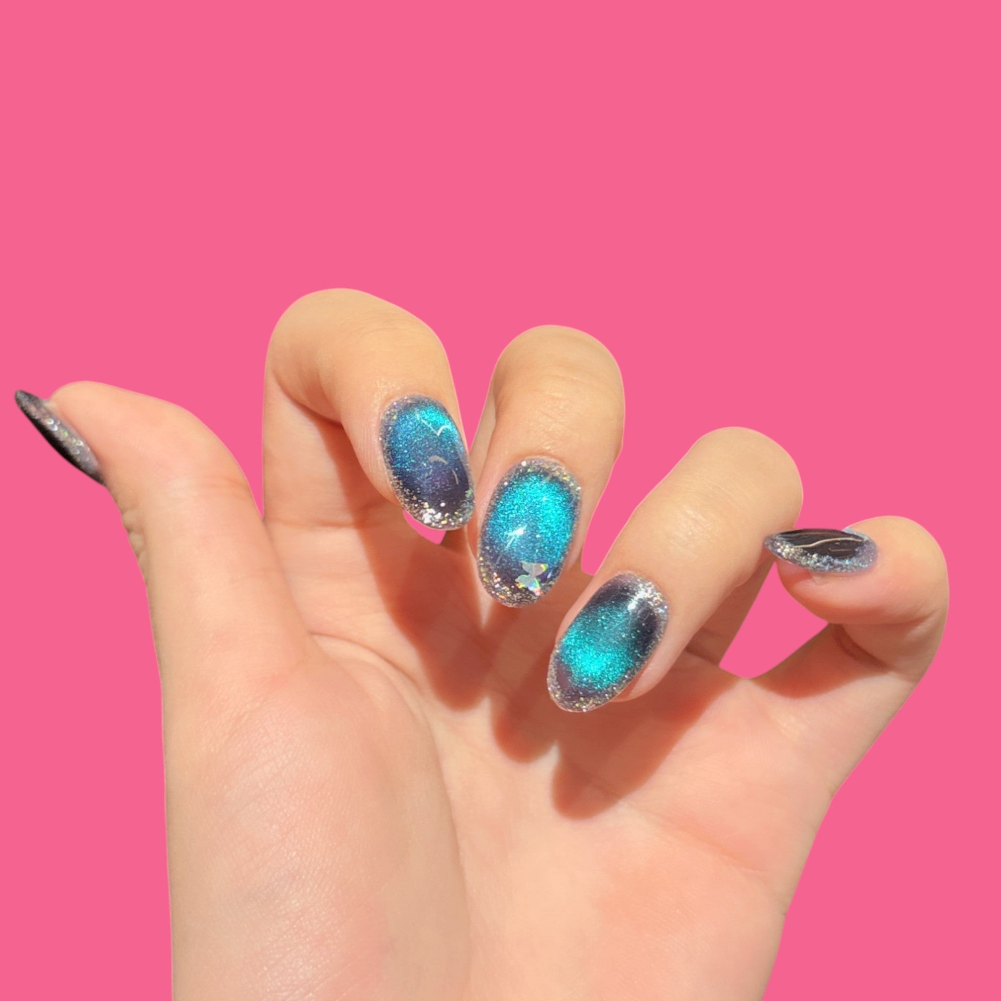 Galaxy Blue-Green Cat Eye Press-On Nails