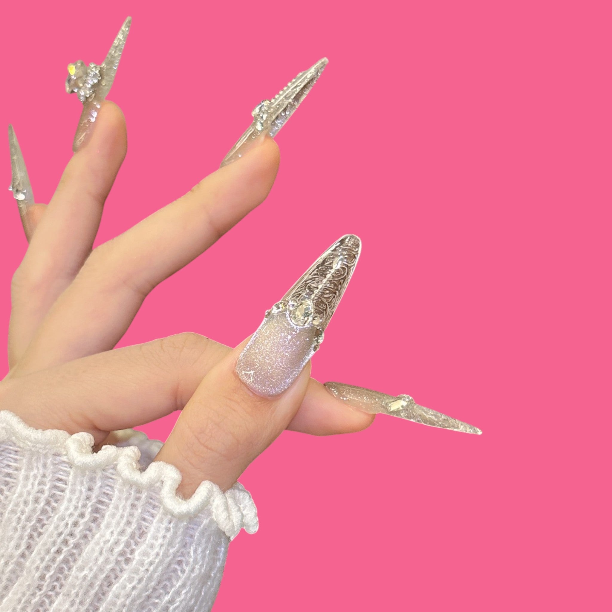 Luxury Silver Carved Press-On Nails
