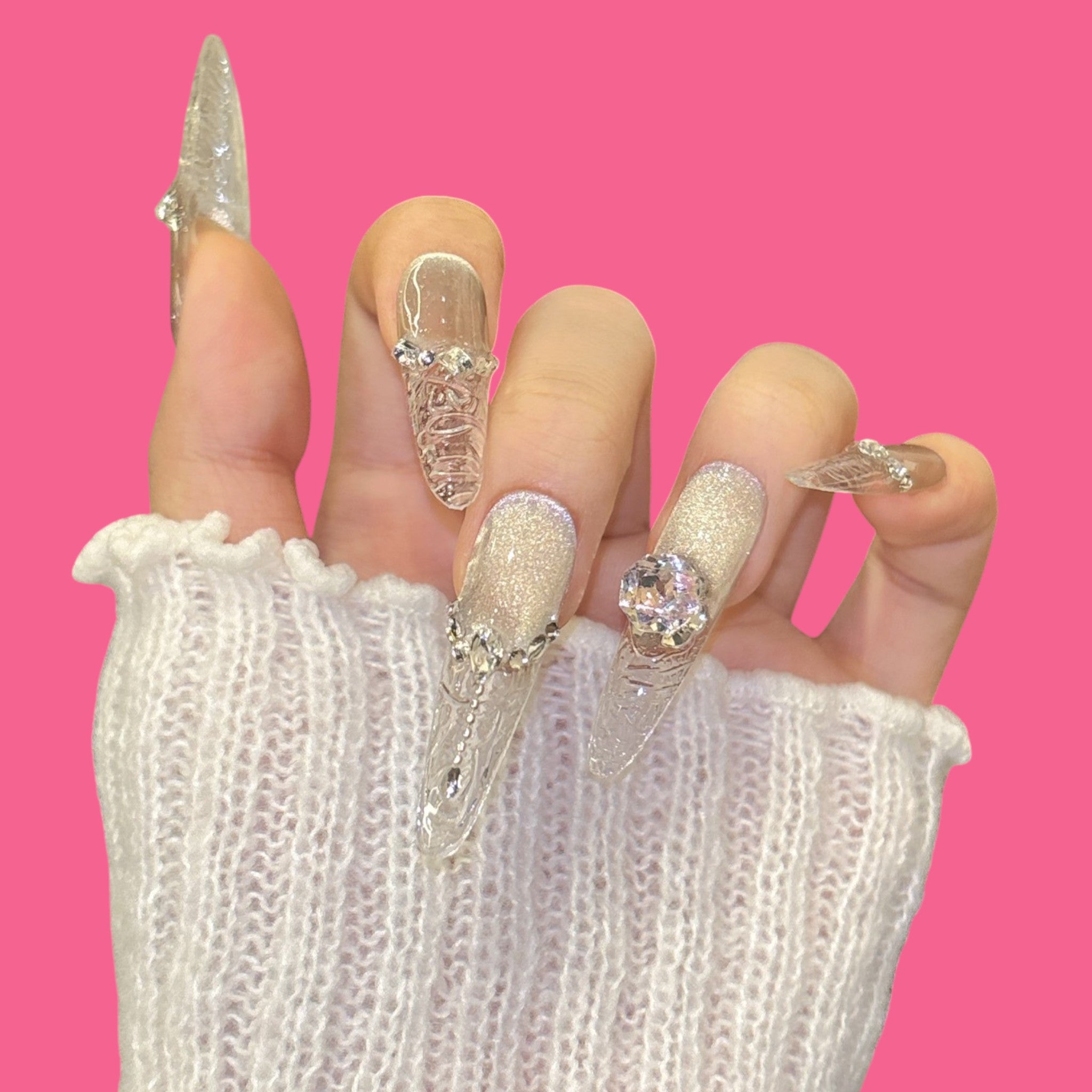 Luxury Silver Carved Press-On Nails