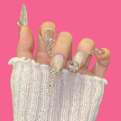Luxury Silver Carved Press-On Nails