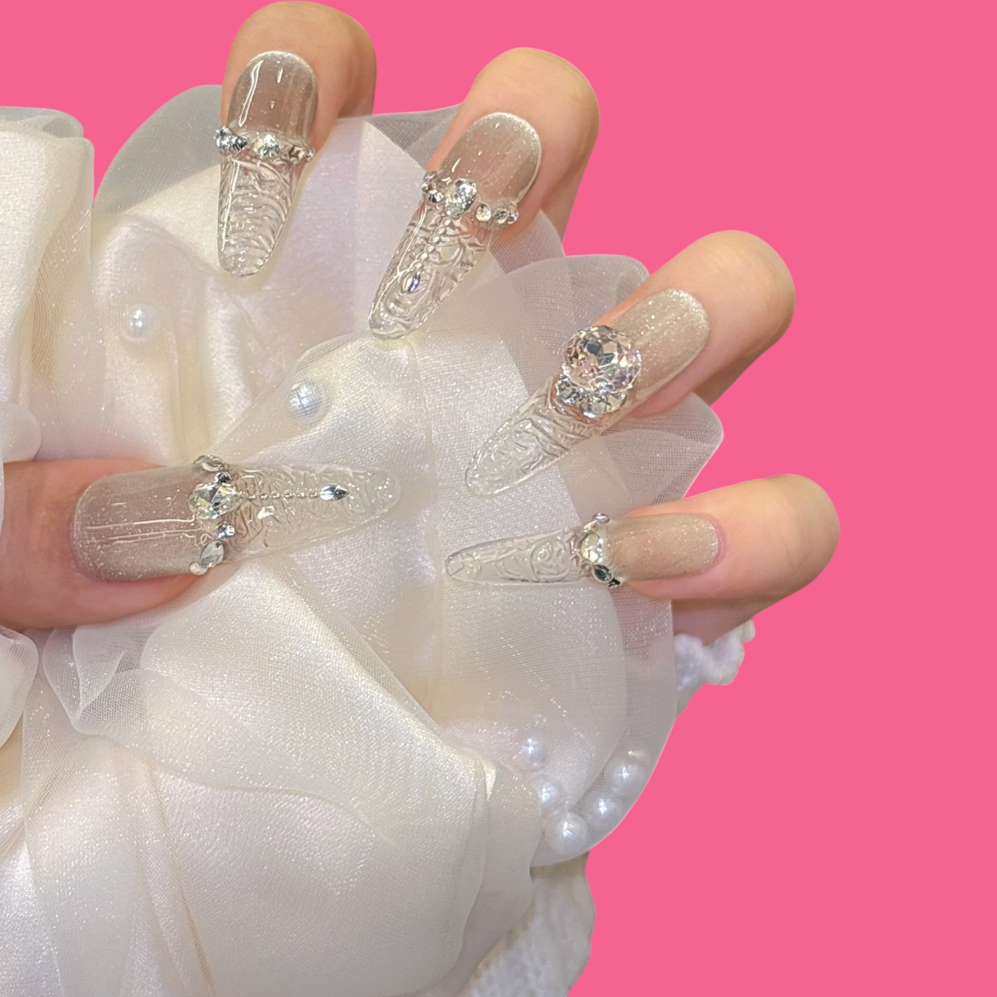 Luxury Silver Carved Press-On Nails
