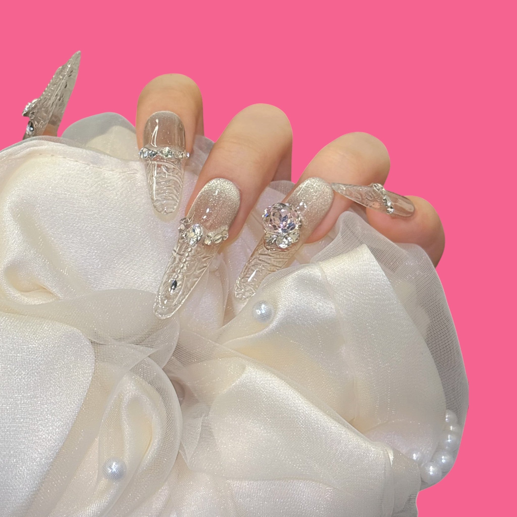 Luxury Silver Carved Press-On Nails