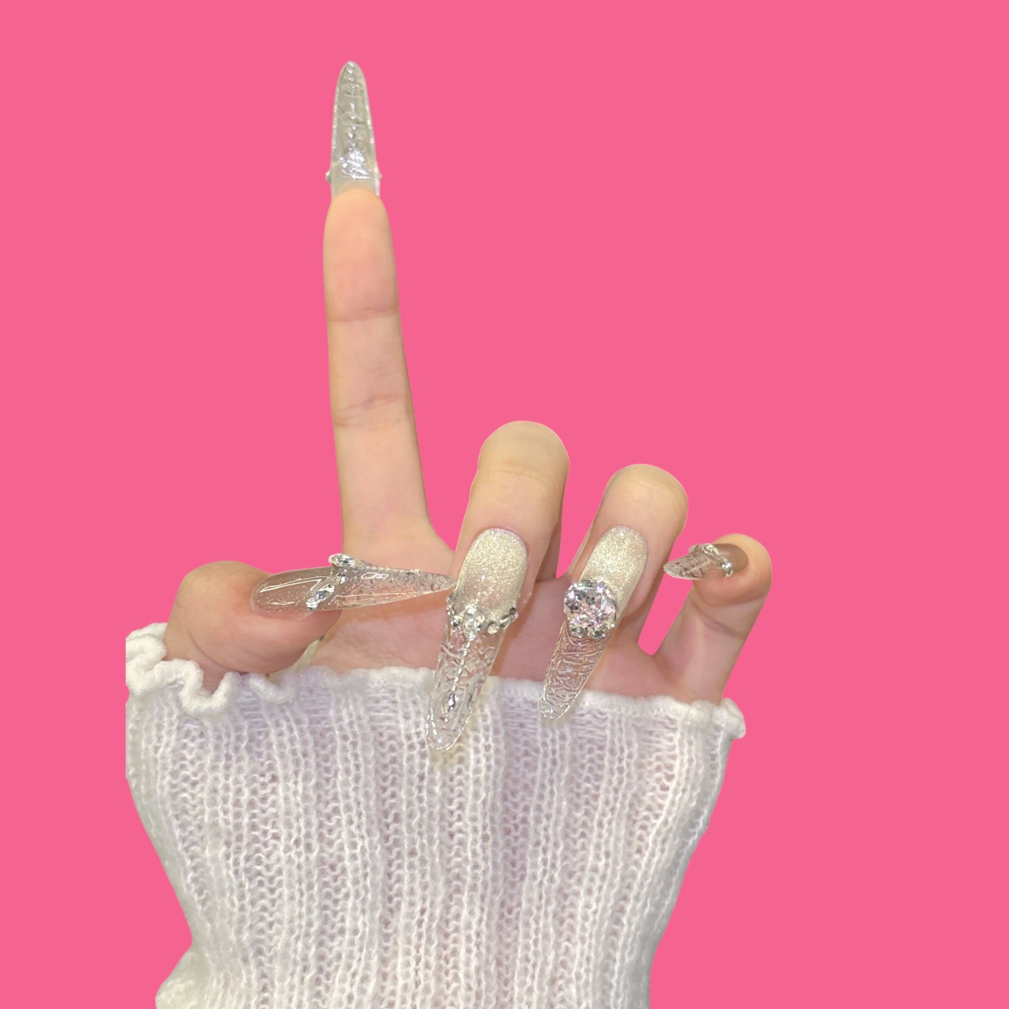 Luxury Silver Carved Press-On Nails